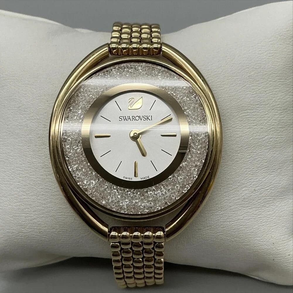 Swarovski Women Watch 37mm Oval Gold Tone Crystal Swiss 5200399 New Battery 7.5